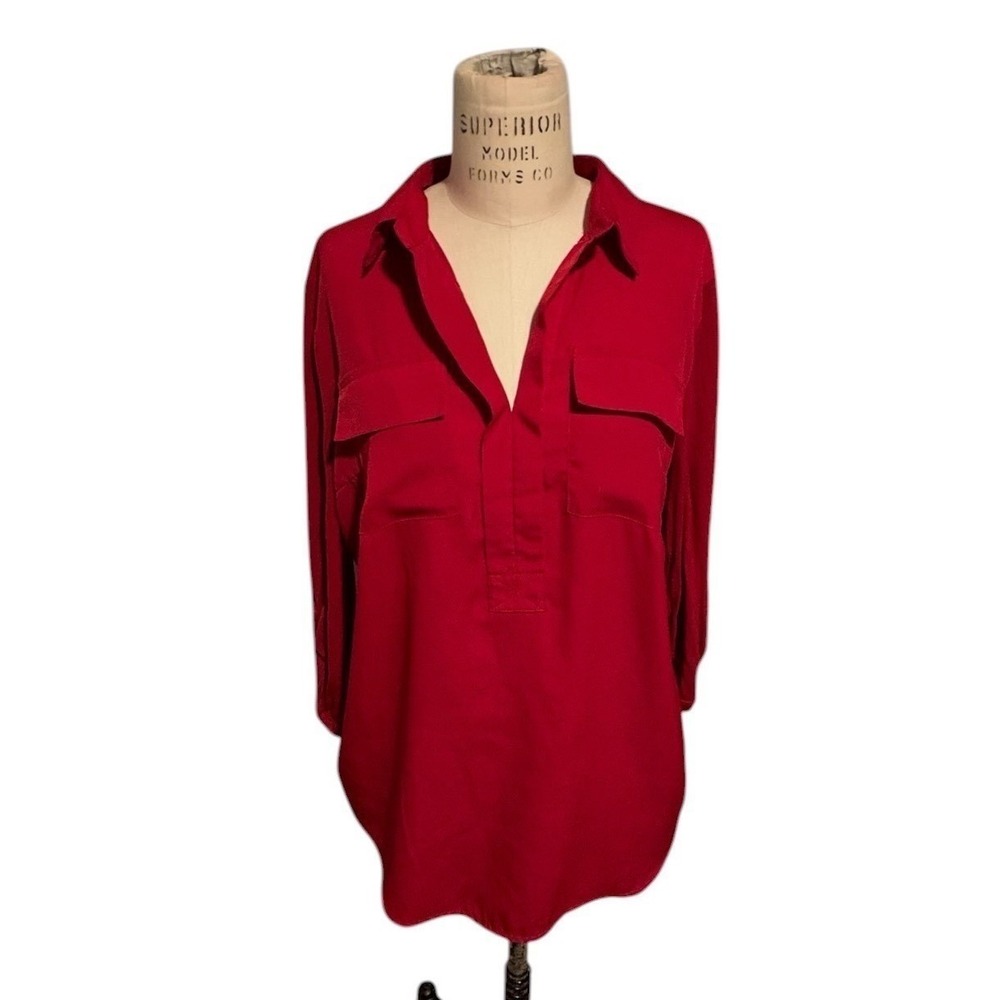 Kensie Women Lg Red 3/4 Sleeve Blouse Collar Split Neck Jersey Top Work Casual‎
